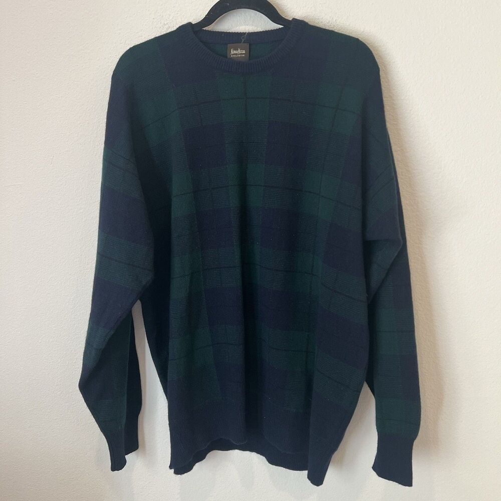 Vintage Y2k Neiman Marcus Cashmere Men’s Green Blue tartan sweater luxury preppy